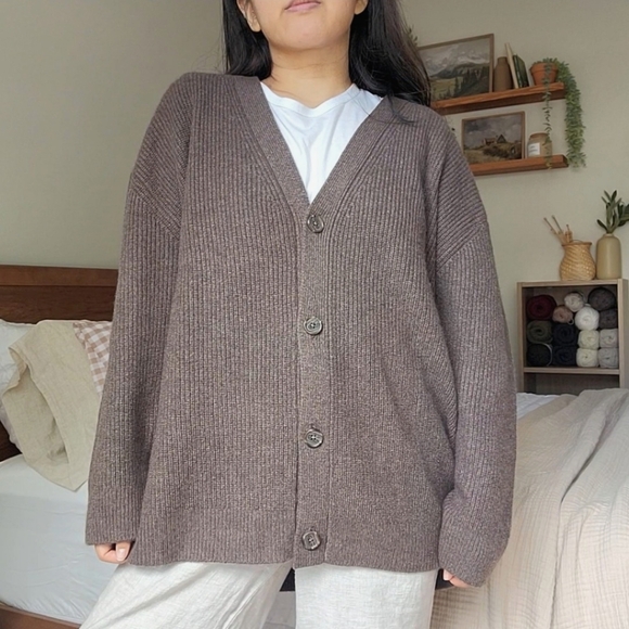 Oversized Cocoon Boyfriend Cashmere Cardigan, Brown L - Picture 1 of 11